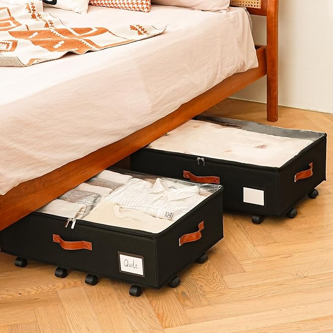 Under Bed Storage Organizer with Wheels, Underbed Container with Clear Lid Cover, Storage Bag Box with Visiable Window for Clothes, Bedsheet, Pillow, 2 Pack，7.5 inches