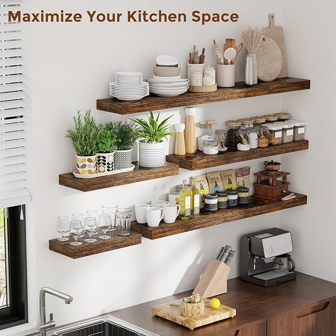 Heimlove 16 Inch Floating Shelves for Wall Rustic Brown Shelves Set of 2,Wall Mounted Rustic Wood 8 Inch Deep Floating Shelf with Invisible Brackets for Bedroom Kitchen Living Room