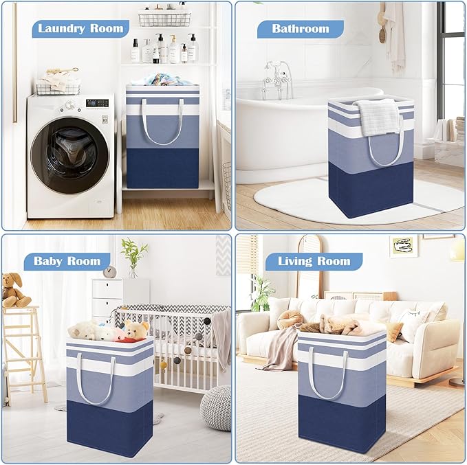 BlissTotes 3-Pack Laundry Basket, Freestanding＆Waterproof Laundry Hamper, Collapsible Tall Clothes Hamper with Easy Carry Handles for Clothes, Towels in the Family and Dorm,Gradient Blue,88L