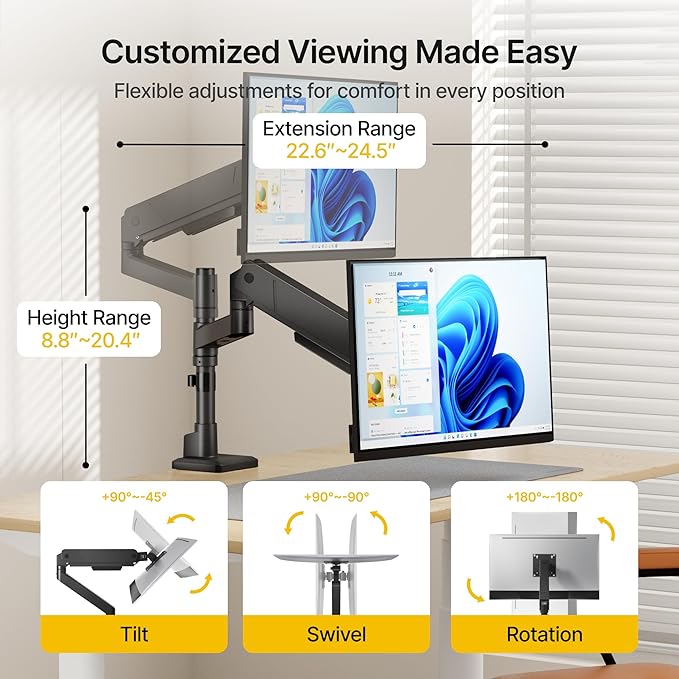 monTEK Tall Single Monitor Arm for 17 to 45 Inch Curved Screen Adjustable Upgraded Heavy Duty Ultrawide Monitor Arm Holds 35 Lbs Cable Management with C Clamp, Grommet Base, VESA 75/100mm, MA1007PBK