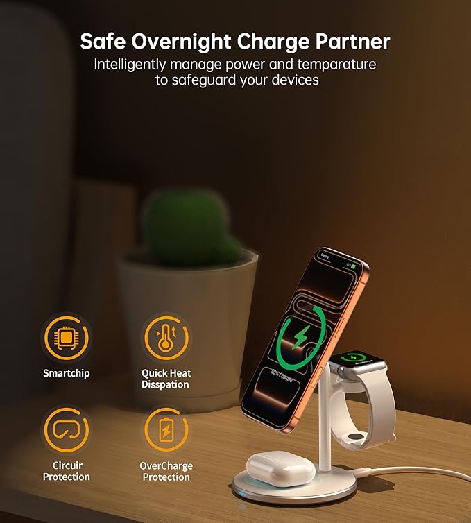 XooFly 3 in 1 Wireless Charging Station for Apple Devices, 15W Fast Wireless Mag-Safe Charger Stand with 20W Adapter for iPhone 17 16 15 14 13 12 Pro Max/Air/Plus/Pro/Mini,iWatch,AirPods (White)