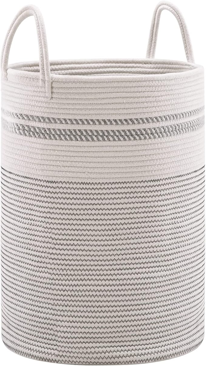 YOUDENOVA Woven Rope Laundry Hamper Basket, 58L Tall Luandry Basket, Baby Nursery Hamper for Blanket Storage, Clothes Hamper for Laundry in Bedroom-Large-Stripe White