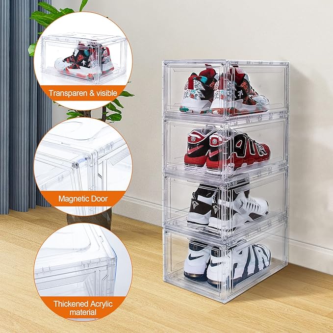 10 Pack Large Shoe Boxes Clear Stackable, Space Saving Acrylic Shoe Boxes Shoe Organizers Foldable Shoe Container Boxes that Fits Up to Size 14 Shoes