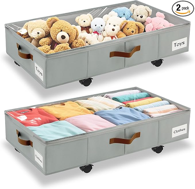2 Pack Under Bed Storage with Wheels – 30.5×17×5.5 Inch, Underbed Storage with Sturdy Sidewalls/Bottom, Clear Cover, Label and PU Handle, Rolling Under Bed Drawers for Clothes, Shoes, Toys, Blankets