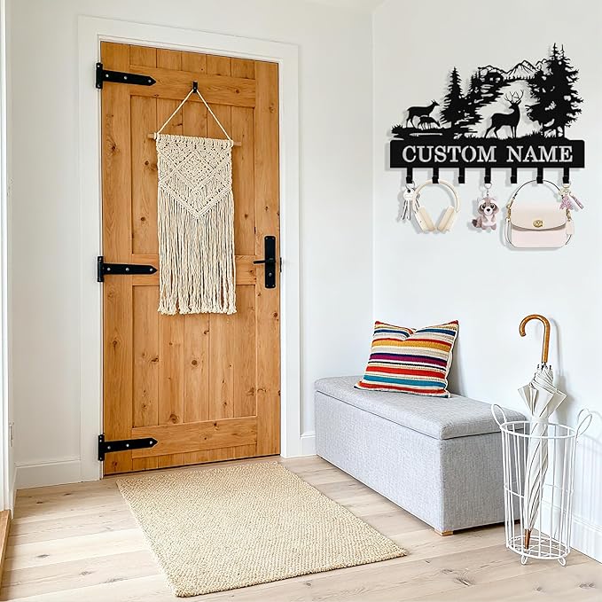 Personalized Deer Key Holder Wall Mount, Custom Metal Key Rack Key Holder with Name, Deer Cabin Wall Keys Hanger with Hooks for Entryway, Front Door, Hallway, Kitchen, Living Room