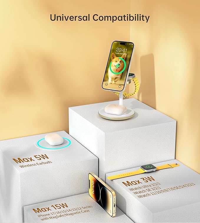 XooFly 3 in 1 Wireless Charging Station for Apple Devices, Fast Wireless Mag-Safe Charger Stand with 20W Adapter for iPhone 17/16 15 14 13 12 Pro Max/Pro/Plus/Air/Mini, iWatch, AirPods (Gold)