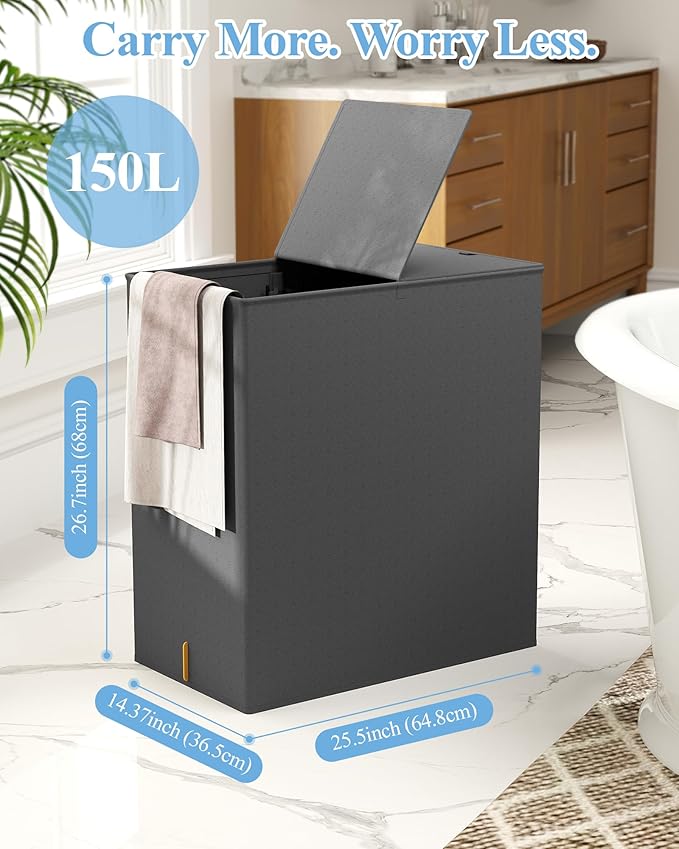 YECAYE 150L Extra Large Laundry Hamper with Lid – Foldable Double Laundry Hamper with Removable Liner – 2 Section Clothes Basket, Dirty Clothes Basket for Bedroom, Bathroom, Laundry Room,Grey
