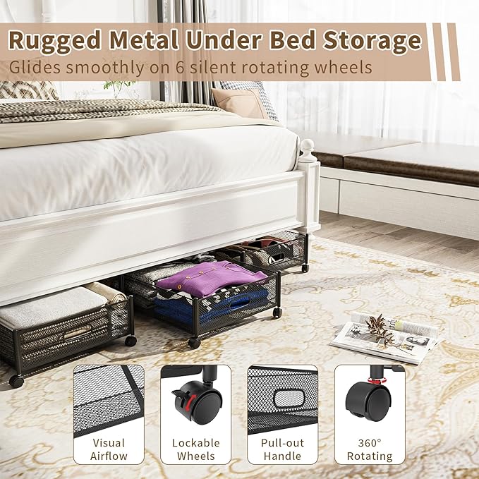 47.2'' Long Under Bed Storage on Wheels, 57.6L Large Capacity Rolling Under the Bed Storage Containers, Tool-Free Assembly Foldable Underbed Shoes Clothes Toy Drawers