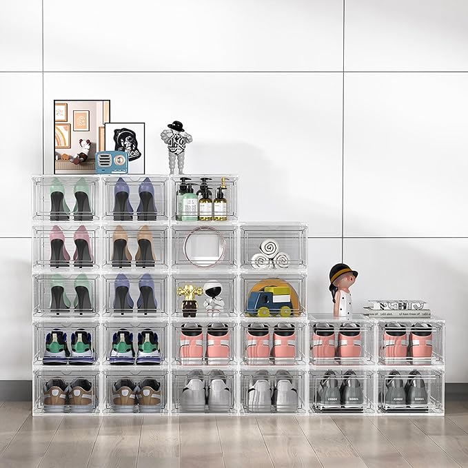 10 Pack Extra XX Large Hard Plastic Clear Stackable Shoe Storage Box Organizer for Closet, Thicken Sturdy Sneaker Shoe Rack Display Case Containers Bins with Lids and Magnetic Door, Clear