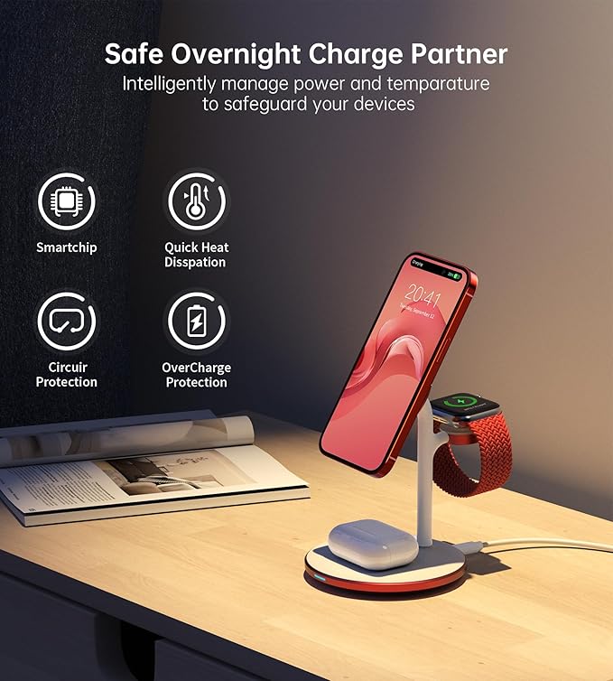 XooFly 3 in 1 Wireless Charging Station for Apple Devices, Fast Wireless Mag-Safe Charger Stand with 20W Adapter for iPhone 17/16 15 14 13 12 Pro Max/Pro/Plus/Air/Mini, iWatch, AirPods (Red)