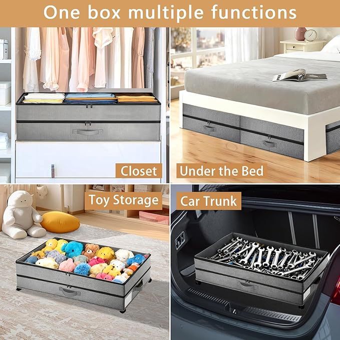 Under Bed Storage with Wheels, 90L XXL Underbed Storage with Wheels Large, 11" Tall Dorm Adjustable Shoe Organizer Under Bed Containers Bins with Lid for Clothes, Shoes, Blankets, Books, Grey