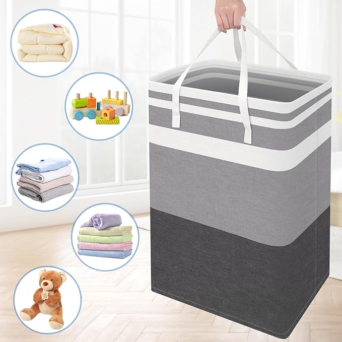BlissTotes 3-Pack Laundry Basket, Freestanding＆Waterproof Laundry Hamper, Collapsible Tall Clothes Hamper with Easy Carry Handles for Clothes, Towels in the Family and Dorm,Gradient Grey,125L
