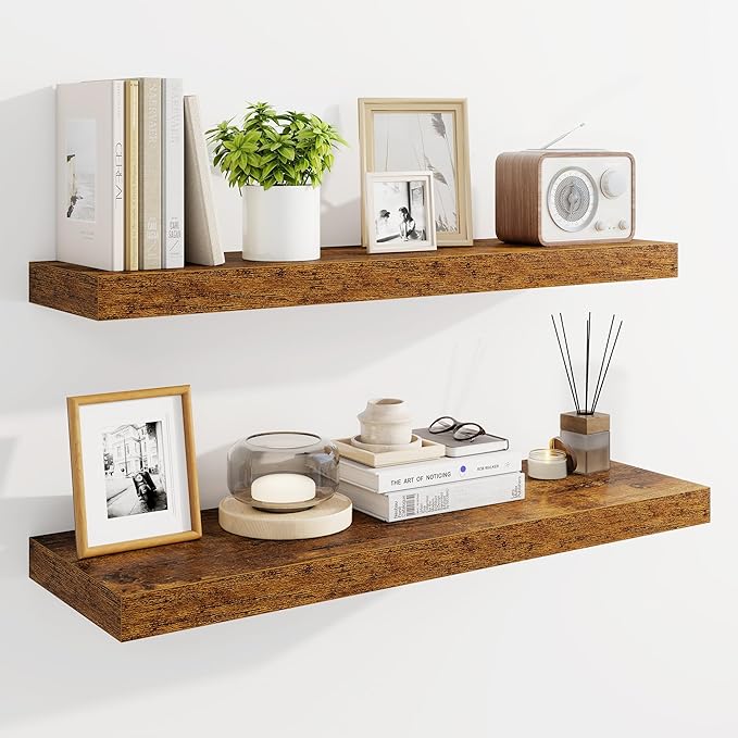 Marsmiles 32" Floating Shelves for Wall, Wooden Shelves with Invisible Brackets Set of 2, Rustic Farmhouse Wall Mounted Shelf for Kitchen Bathroom Living Room Study, Rustic Brown