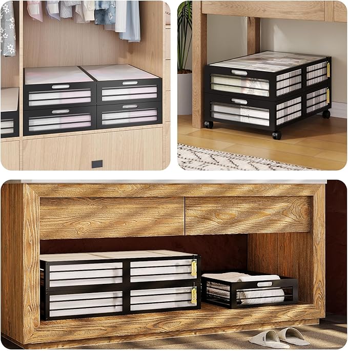 Under Bed Storage Containers with Wheels, Larger Bamboo Wood Under Furniture Storage Containers with Dust Bags，Rolling for Shoes Clothes