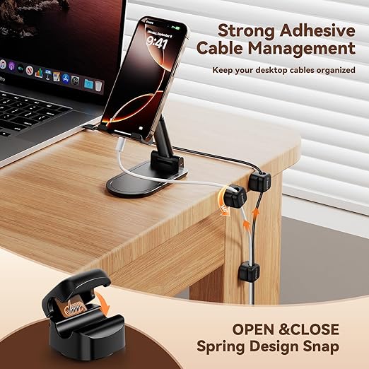 6 Pack Rotatable Cord Organizer,Spring Cable Clips Desk Cable Management Cord Holder Adhesive Phone Charger Cord Clips for Home Office Car Wall Nightstand Accessories Black