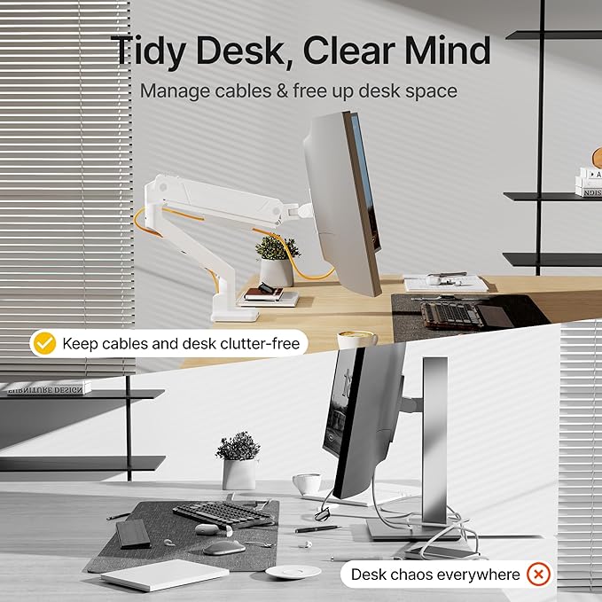 monTEK Single Monitor Arm with USB for Max 45 Inch Ultrawide Screens Adjustable Monitor Desk Mount Holds 35 Lbs Cable Management with C Clamp/Grommet Desk Mount, VESA 75/100mm, MA1007UCWH