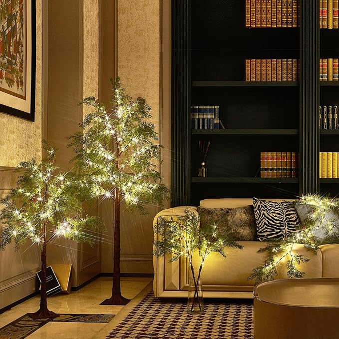 Hairui Lighted Christmas Pine Tree 90 LED Fairy Lights 4FT Plug in, Faux Cypress Tree Lights with Red Berry for Indoor Outdoor Home Holiday Decoration