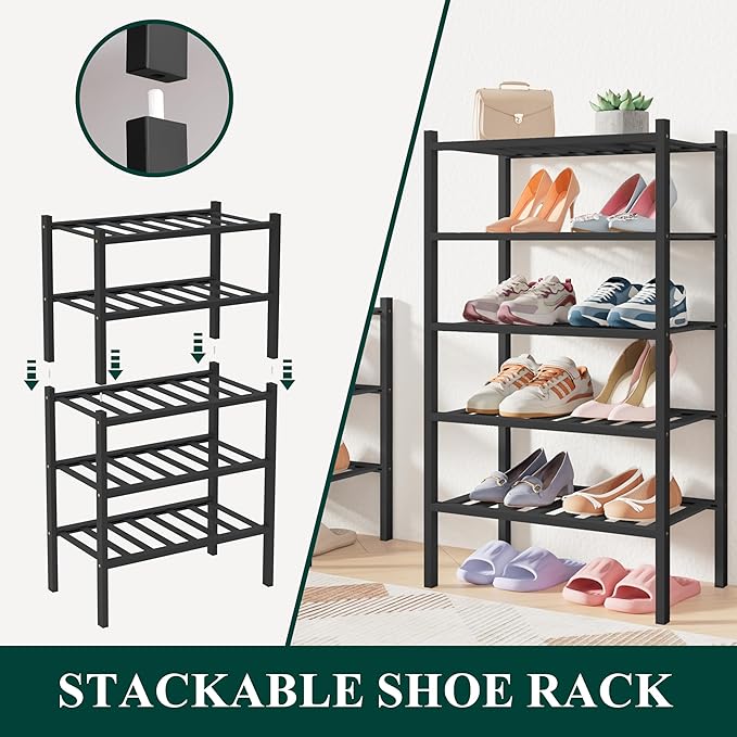 Smiry Bamboo Shoe Rack for Closet, 6 Tier Small Wooden Stackable Shoe Organizer, Free Standing Shoes Storage Shelf for Entryway, Front Door Entrance, Black