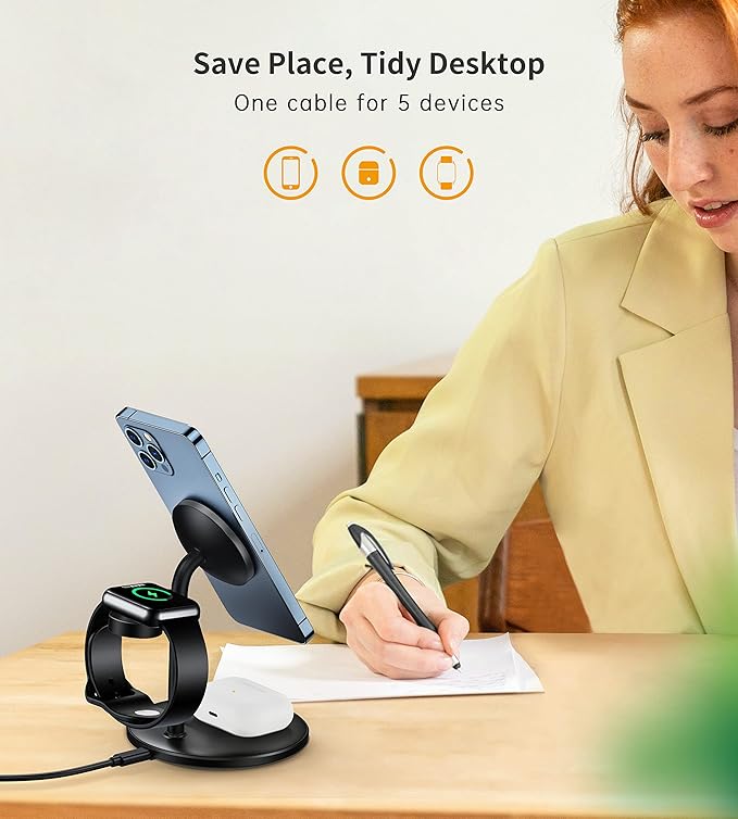 XooFly 3 in 1 Wireless Charging Station for Apple Devices, Fast Wireless Mag-Safe Charger Stand with 20W Adapter for iPhone 17/16 15 14 13 12 Pro Max/Pro/Plus/Air/Mini, iWatch, AirPods (Black)