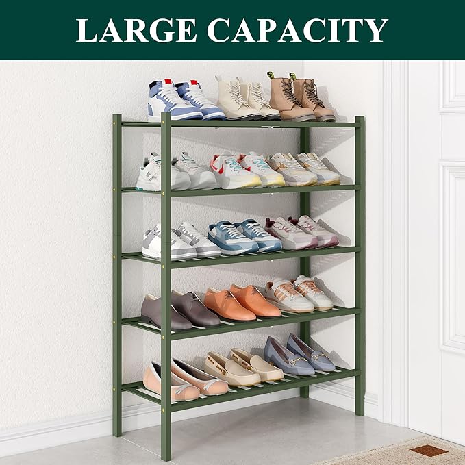 Smiry Bamboo Shoe Rack for Closet, 5 Tier Wooden Stackable Shoe Organizer, Free Standing Shoes Storage Shelf for Entryway, Front Door Entrance, Green