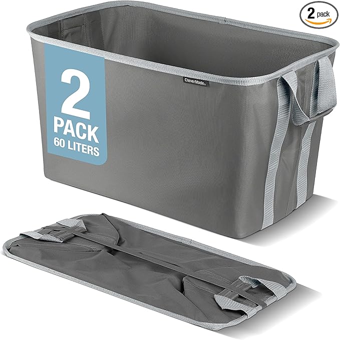 CleverMade Collapsible Laundry Basket Hamper - Shadow Stone Gray 2-Pack 60L - Space Saving Storage Organizer with Handles Foldable Home Organization