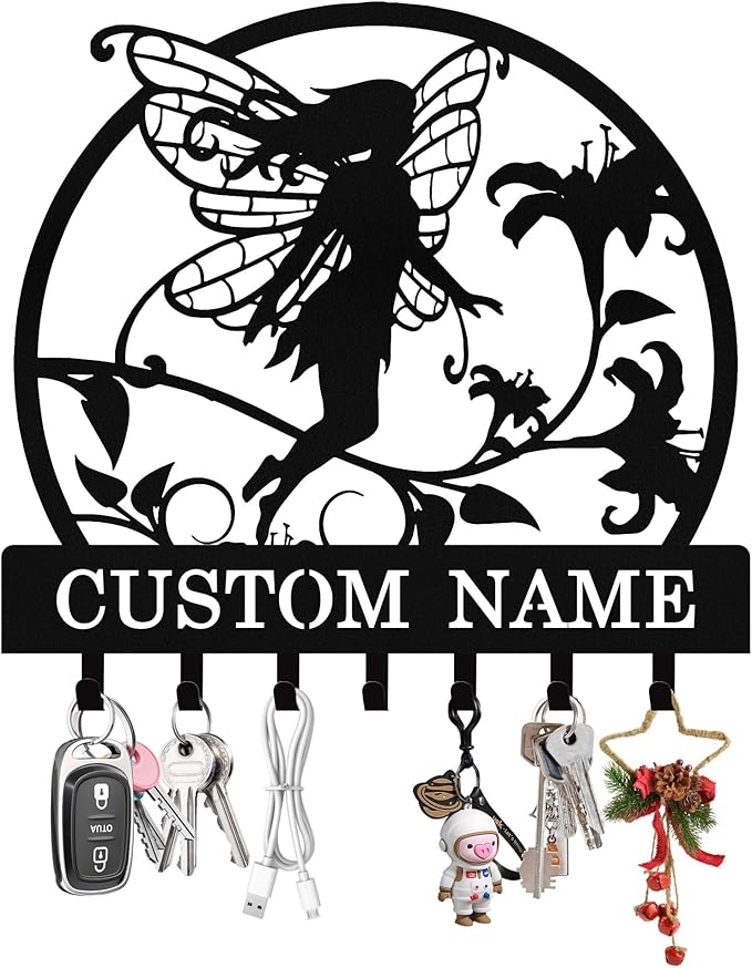 Personalized Fairy Key Holder Wall Mount, Custom Metal Key Rack Key Holder with Name, Deer Cabin Wall Keys Hanger with Hooks for Entryway, Front Door, Hallway, Kitchen, Living Room