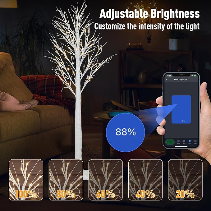 Smart Lighted Birch Twig Tree with Fairy Lights, APP Conrol, 6FT 120 Warm White LEDs, 18 Modes, Dimmable, Schedule, Music Sync Waterproof for Indoor Outdoor Home Christmas Holiday Decorations