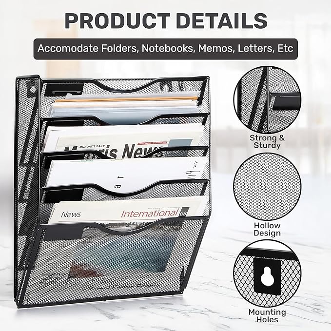 ZYLEN Wall File Holder – Sleek Black Metal Organizer for Documents and Folders, Home, and Classroom – Compact and Stylish Storage Solution for Papers, Folders, and Files (38 x 32 x 10 cm)