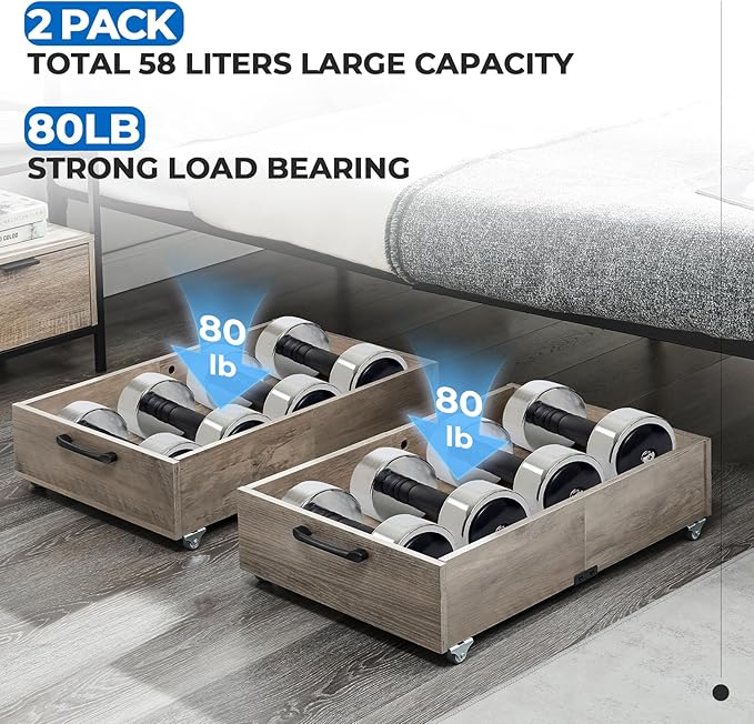 Under Bed Storage with Wheels, 2-Pack Under Bed Shoe Storage Organizer Drawer, Composite Wood Organizer for Shoes Clothes Containers in Bedroom for Clothes,Shoes(Grey)