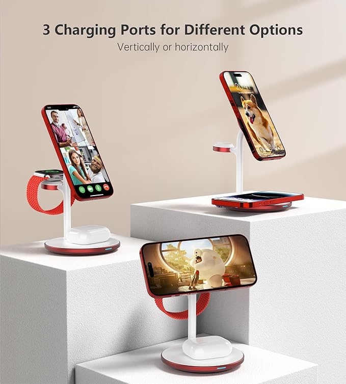 XooFly 3 in 1 Wireless Charging Station for Apple Devices, Fast Wireless Mag-Safe Charger Stand with 20W Adapter for iPhone 17/16 15 14 13 12 Pro Max/Pro/Plus/Air/Mini, iWatch, AirPods (Red)