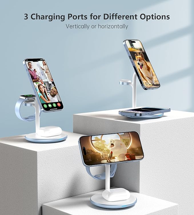 XooFly 3 in 1 Wireless Charging Station for Apple Devices, Fast Wireless Mag-Safe Charger Stand with 20W Adapter for iPhone 17/16 15 14 13 12 Pro Max/Pro/Plus/Air/Mini, iWatch, AirPods (Light Blue)