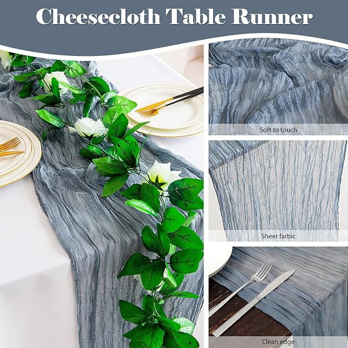10 Pack 10 Ft Cheesecloth Table Runner Dusty Blue Gauze Long Table Runners Boho Gauze Cheese Cloth Table Runner Rustic Sheer Runner for Wedding Party Table Decor ( 35 x 120 Inch )