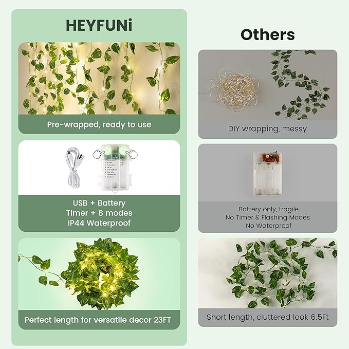 HEYFUNi Vines with Lights, 23 Ft 73 Led Faux Pothos Vines with Fairy Lights USB/Battery Operated, Leaf String Lights for Bedroom, Wall, Balcony, Wedding Decor, Warm White