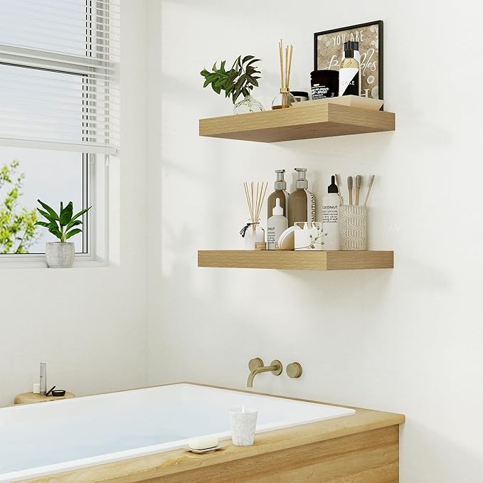 Heimlove Bathroom 12'' Deep Floating Shelves for Wall - Shelf Over Toilet Mounted Farmhouse 24 inches,Rustic Wood Shelves Decor & Storage Set of 1 Oak