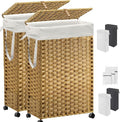 70L Slim Laundry Hamper with Lid & Wheels, 2-Park Rolling Laundry Basket with 4 Removable Liner Bags & 3 Mesh Bags, Narrow Dirty Clothes Basket, Foldable Handwoven Rattan Laundry Sorter, Natural