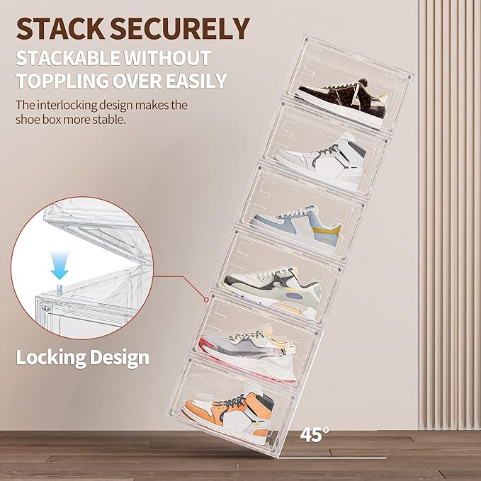 10 Pack XX Large Shoe Organizer, Heavy-Duty Hard Thicken Plastic Clear Stackable Shoe Storage Box Organizer for Closet, Space-Saving Shoe Rack Display Case Bin Containers for Sneakers, Clear