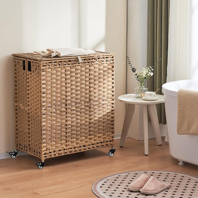 Laundry Hamper with Wheels&Lid, 50.2 Gallons(190L) Rolling Laundry Basket with Wheels, 3-Section Laundry Hamper, Handwoven Rattan Clothes Hamper with 6 Removable Liner& 3 Mesh Laundry Bags, Natural