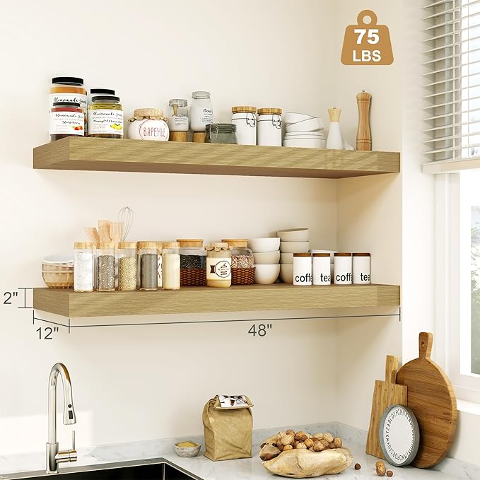 Heimlove Oak Bathroom Shelves Floating Shelves for Wall Shelf Over Toilet Long Mounted Modern Farmhouse,48 x 12 Shelves with Invisible Brackets for Living Room, Kitchen, Bedroom