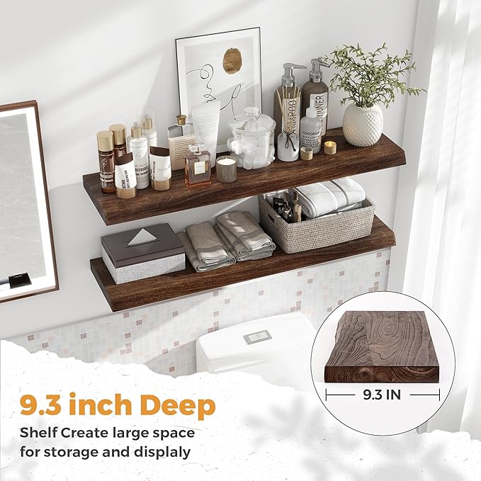 Live Edge Elm Floating Shelves For Wall - 36" W x 9.3" D Rustic Solid Wood Shelves with Invisible Bracket, Wall-Mounted Storage & Display Shelf for Living Room Bedroom Kitchen, Set of 2, Walnut