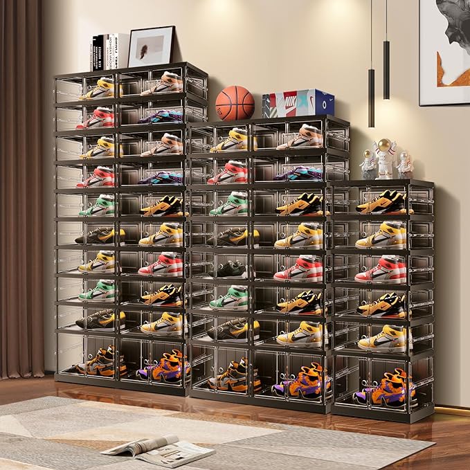 10 Tiers 20-40 Pairs Foldable Shoe Boxes Large Plastic Shoe Storage Rack Collapsible Shoe Organizer for Closet Clear Stackable Shoes Shelf Storage Cabinet with Doors Quick Assembly Black