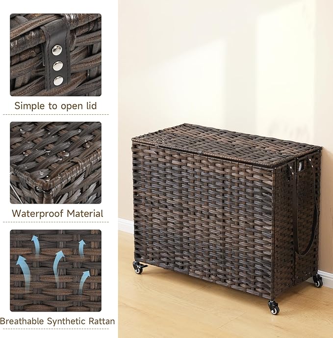 Laundry Hamper with Wheels, 52.8 Gallon(200L) Rolling Laundry Basket with Lid, Removable Large 3 Color Liners & 3 Mesh Laundry Bags, Clothes Hamper with Side Pocket, Brown