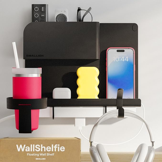 WallShelfie Bedside Wall Organizer & Bedside Shelf, Room Decor, Dorm Room Essential, Floating Bedside Shelf Wall Mount Organizer, Remote Control Holder, RV Accessories, Floating Shelves (Black)