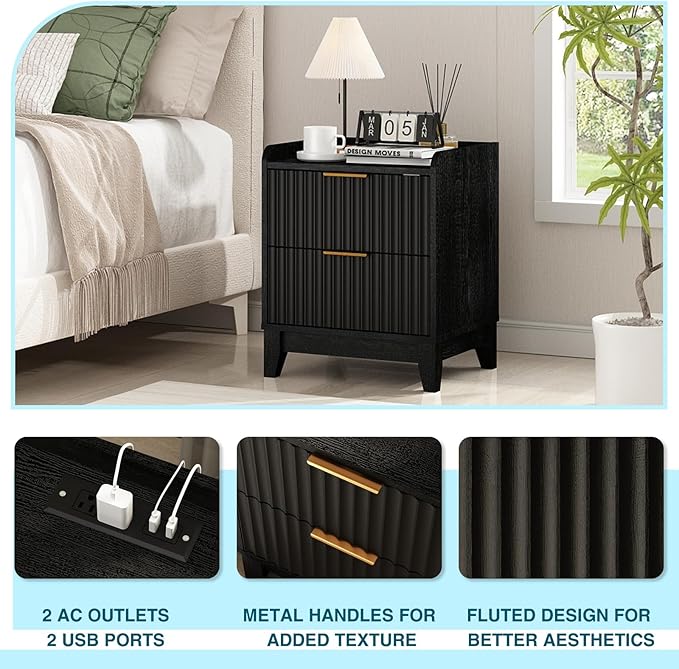 Wnutrees Fluted Nightstand with Charging Station, Modern Bedside Table with 2 Drawers, Farmhouse Wooden End Side Table Living Room, Black