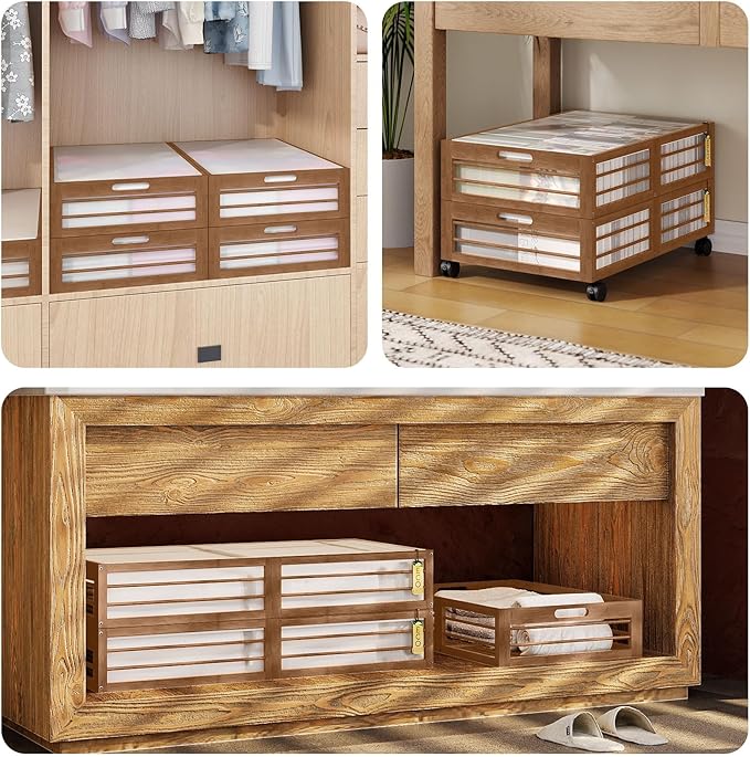 Under Bed Storage Containers with Wheels, Larger Bamboo Wood Under Furniture Storage Containers with Dust Bags，Rolling for Shoes Clothes