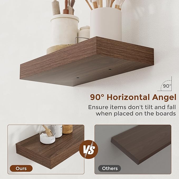 Heimlove 16 Inch Floating Shelves for Wall Walnut Shelves Set of 2,Wall Mounted Rustic Wood 8 Inch Deep Floating Shelf with Invisible Brackets for Bedroom Kitchen Living Room