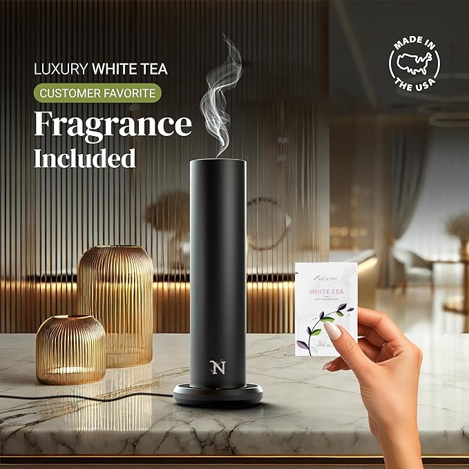 Dynamo Hotel Scent Diffuser – Cold-Air Essential Oil Diffuser for Home & Large Rooms up to 1000 sq ft, App & Manual Control, Hypoallergenic, Includes White Tea Fragrance Sample – Black