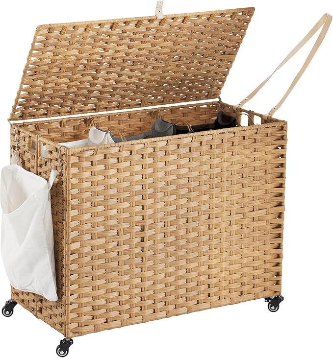 Laundry Hamper with Wheels, 52.8 Gallon(200L) Rolling Laundry Basket with Lid, Removable Large 3 Color Liners & 3 Mesh Laundry Bags, Clothes Hamper with Side Pocket, Natural