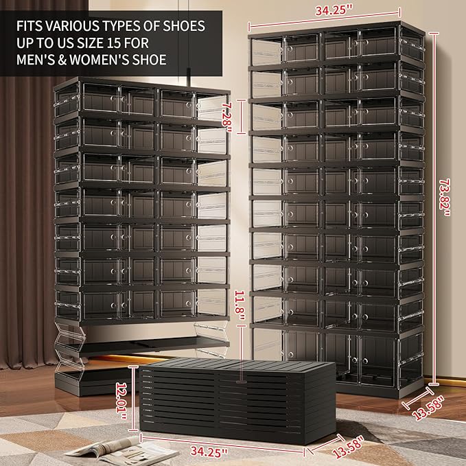 10 Tiers 20-40 Pairs Foldable Shoe Boxes Large Plastic Shoe Storage Rack Collapsible Shoe Organizer for Closet Clear Stackable Shoes Shelf Storage Cabinet with Doors Quick Assembly Black