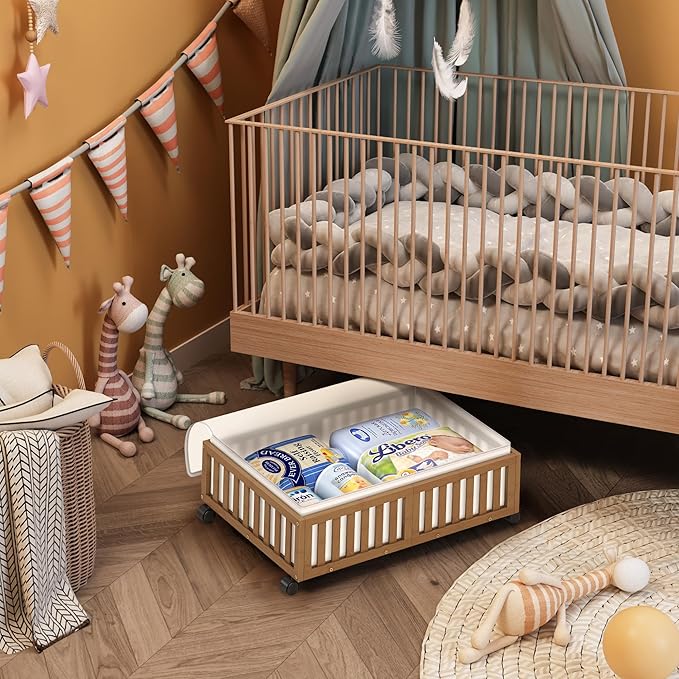 Under Bed Storage Containers with Wheels, 2 Pack Bamboo Under the Bed Shoe Storage Bins, Wood Rolling Underbed Drawers Organizer for Bedroom, Closet Clothes Blanket Comforter Under Crib Toy Walunt