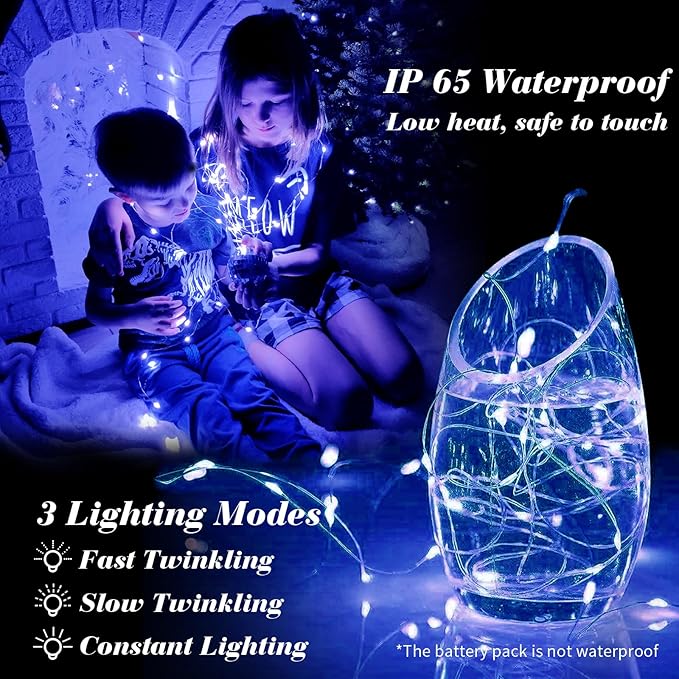 ZGWJ 50 Pack Fairy Lights Battery Operated, 7ft 20 Mini LED Fairy String Lights Silver Wire 3 Modes for DIY, Parties, Wedding, Bedroom, Halloween Christmas Decoration Blue